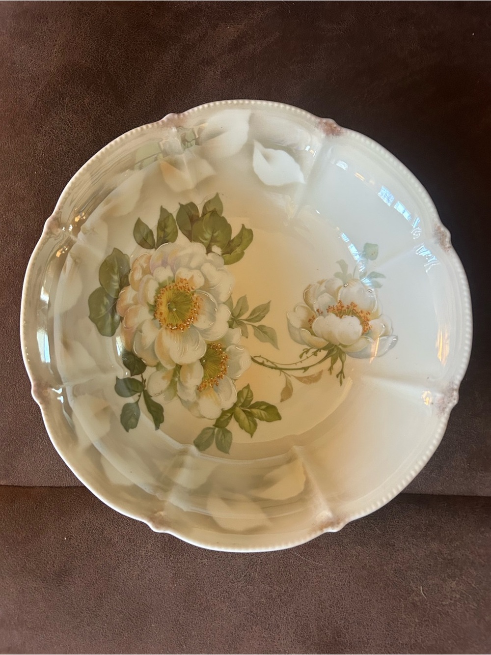 Floral Porcelain Serving Bowl in Cream and Green